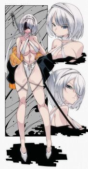 1girl 2b_(nier:automata) absurdres annoyed bare_legs bare_shoulders bikini breasts choker cleavage collarbone covered_eyes criss-cross_halter full_body halterneck headband high_heels highres kinakomochi_(user_vedc2333) large_breasts mole mole_under_mouth multiple_views nier:automata nier_(granblue_fantasy) nier_(series) pout short_hair solo swimsuit sword thick_thighs thighs weapon white_bikini white_choker white_hair