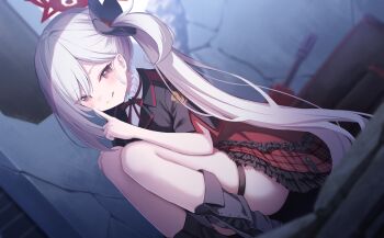 1girl :q black_boots black_flower black_jacket blue_archive blurry blurry_background boots bow bowtie closed_mouth commentary_request crack cracked_wall dress finger_to_mouth flower frilled_dress frilled_shirt_collar frilled_skirt frills hair_behind_ear hair_flower hair_ornament half-closed_eyes halo hand_on_own_knee hand_up highres index_finger_raised jacket jewelry knees_up licking_lips loli long_hair looking_at_viewer mutsuki_(blue_archive) neck_ribbon pink_eyes plaid_clothes plaid_dress plaid_skirt red_dress red_halo red_skirt ribbon short_sleeves shushing side_ponytail skirt smile solo split_mouth squatting takashima_shoa thigh_strap thighlet thighs tongue tongue_out uniform very_long_hair white_hair white_undershirt