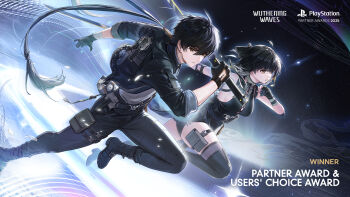 Rule 34 | 1boy, 1girl, black boots, black dress, black gloves, black hair, black jacket, black pants, boots, breasts, closed mouth, commentary, cross-laced clothes, cross-laced dress, dress, dual persona, english commentary, english text, female rover (wuthering waves), gloves, grey shirt, highres, holding, holding sword, holding weapon, jacket, logo, looking ahead, looking at viewer, male rover (wuthering waves), medium breasts, official art, pants, pouch, rover (wuthering waves), shirt, sword, the game awards, thigh boots, thigh pouch, thighs, weapon, wuthering waves, yellow eyes