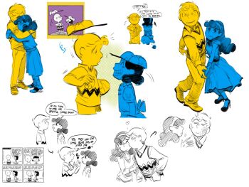 1boy 1girl age_comparison baseball_cap black_hair blonde_hair charles_schulz_(style) charlie_brown child commentary dress dubu274611 hairband hat hetero highres holding_hands hug limited_palette long_hair lucy_van_pelt peanuts_(comic) puffy_short_sleeves puffy_sleeves short_sleeves smile sweater sweater_vest symbol-only_commentary tsundere