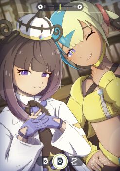 Rule 34 | 2girls, artist name, bandeau, belt, belt buckle, black dress, black hair, blonde hair, blue hair, blue nails, blunt bangs, blurry, blurry background, bob cut, buckle, canari (pokemon), closed mouth, coat, commentary request, cropped jacket, dark-skinned female, dark skin, dress, eyelashes, fake phone screenshot, fake screenshot, gloves, gradient hair, gwynn (pokemon), hand on own hip, hat, highres, interlocked fingers, jacket, long sleeves, looking at viewer, mask, mask pull, mega stone, mouth mask, multicolored hair, multicolored nails, multiple girls, nintendo, o-ring, o-ring belt, open clothes, open coat, open jacket, own hands together, partially fingerless gloves, pokemon, pokemon legends: z-a, purple gloves, purple hair, ribbons2, short hair, signature, smile, twitter username, two-tone nails, upper body, viewfinder, white coat, yellow bandeau, yellow jacket, yellow nails