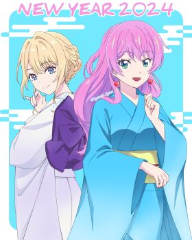 2024 2girls aqua_eyes blonde_hair blue_background blue_eyes blue_kimono blue_nails border bow braid bun_with_braided_base commentary crossover earrings english_commentary english_text fuufu_ijou_koibito_miman. hair_bun happy_new_year heart heart_earrings highres japanese_clothes jewelry keikenzumi_na_kimi_to_keiken_zero_na_ore_ga_otsukiai_suru_hanashi. kimono multiple_girls new_year obi pink_hair pink_nails purple_bow purple_sash sash shikimura_gazer shirakawa_runa twitter_username watanabe_akari white_border white_kimono yellow_sash yukata