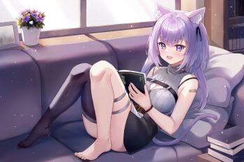1girl alternate_hair_length_(longer) animal_ears bandaid bandaid_on_shoulder barefoot belt black_ribbon black_skirt black_thighhighs blush book bra_strap breasts brown_belt cat_ears cat_girl cat_tail chest_belt cleavage cleavage_cutout clothing_cutout commentary_request couch double-parted_bangs feet full_body grey_shirt hair_ribbon holding holding_book hololive indoors knees_up light_particles long_hair looking_at_viewer miniskirt nekomata_okayu nekomata_okayu_(8th_costume) no_jacket no_shoes official_alternate_costume official_alternate_hairstyle on_couch open_mouth paid_reward_available pillow purple_eyes purple_hair reading reclining ribbed_shirt ribbon sebu_illust shirt single_bare_foot single_thighhigh skirt sleeveless sleeveless_shirt smile solo t-shirt tail thighhighs thighs toes turtleneck turtleneck_shirt twintails virtual_youtuber