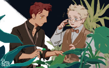Rule 34 | 2boys, aziraphale (good omens), black shirt, bottle, bow, bowtie, brown vest, collared shirt, crowley (good omens), erm nkcn, gardening, glasses, good omens, grey eyes, highres, long sleeves, male focus, multiple boys, open mouth, orange eyes, palm leaf, plaid bow, plaid bowtie, plaid clothes, plant, red hair, round eyewear, shirt, short hair, spray bottle, vest, white shirt
