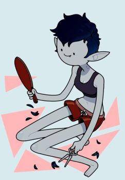 1girl adventure_time alternate_hair_length alternate_hairstyle barefoot bite_mark bite_mark_on_neck black_sports_bra blue_background closed_mouth colored_skin cutting_hair cutting_own_hair discount-supervillain fang full_body grey_skin hand_mirror hashtag-only_commentary holding holding_mirror holding_scissors marceline_abadeer mirror pointy_ears red_shorts scissors short_hair short_shorts shorts simple_background smile solid_oval_eyes solo sports_bra triangle vampire very_short_hair