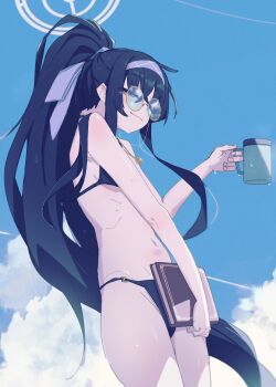 Rule 34 | 1girl, absurdres, bikini, black bikini, black hair, blue archive, blue sky, book, breasts, closed eyes, coffee mug, cowboy shot, cup, eyewear strap, from below, glasses, hair between eyes, hairband, halo, highres, holding, holding book, jewelry, kilabo, light smile, long hair, mug, necklace, official alternate costume, official alternate hairstyle, round eyewear, sky, small breasts, smile, swimsuit, ui (blue archive), ui (swimsuit) (blue archive)