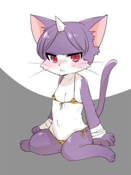 1girl alternate_costume animal_ears animal_hands animal_print bikini blush cat_busters cat_ears cat_girl cat_tail commentary_request debu_nezu embarrassed flat_chest full_body furry furry_female grey_background horns jitome kikin_(cat_busters) looking_at_viewer orange_bikini pear-shaped_figure petite print_bikini purple_fur purple_hair red_eyes short_hair simple_background single_horn sitting slit_pupils solo swimsuit tail tiger_print wariza