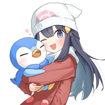 Rule 34 | 1girl, ;d, affectionate, beanie, black hair, blush, coat, commentary request, dawn (pokemon), gen 4 pokemon, hair ornament, hairclip, happy, hat, heart, highres, holding, holding pokemon, kachi 5057, long hair, long sleeves, nintendo, one eye closed, open mouth, piplup, pokemon, pokemon (creature), pokemon dppt, pokemon platinum, red coat, scarf, sidelocks, simple background, smile, white background, white hat, white scarf