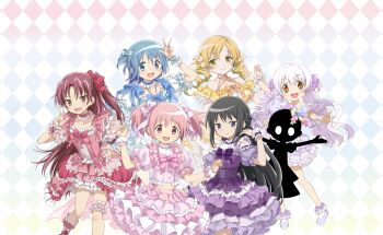 6+girls akemi_homura ankle_ribbon argyle_background artist_request bare_legs bib_collar black_hair blonde_hair blue_bow blue_bowtie blue_choker blue_dress blue_eyes blue_hair blue_wrist_cuffs bow bow_skirt bowtie braid brooch brown_eyes child choker closed_mouth collar collarbone collared_shirt colorful_background corset criss-cross_straps cropped_shirt detached_sleeves dot_nose double-parted_bangs dress drill_hair flats frilled_choker frilled_shirt frilled_shirt_collar frilled_skirt frilled_sleeves frilled_socks frilled_thigh_strap frilled_wrist_cuffs frills game_cg hair_between_eyes hair_bow hand_in_own_hair hand_on_own_head hand_on_own_hip happy highres jewelry jitome kaname_madoka kneehighs knees leg_ribbon light_blush long_hair looking_at_viewer mahou_shoujo_madoka_magica mahou_shoujo_madoka_magica_magia_exedra midriff miki_sayaka miniskirt momoe_nagisa multicolored_bow multiple_girls namae_(magia_exedra) off-shoulder_dress off_shoulder official_alternate_costume official_art one_side_up open_mouth outstretched_arms pink_bow pink_bowtie pink_eyes pink_hair pink_shirt pink_skirt puffy_short_sleeves puffy_sleeves purple_bow purple_bowtie purple_corset purple_eyes purple_shoes purple_sleeves red_bow red_bowtie red_choker red_dress red_eyes red_hair red_ribbon ribbon ring sakura_kyoko shirt shoes short_dress short_hair short_sleeves short_twintails shoulder_bow single_braid skirt skirt_set sleeveless sleeveless_dress smile socks square_neckline tareme thigh_strap tomoe_mami train_(clothing) tsurime twin_drills twintails two_side_up v very_long_hair wavy_hair white_collar white_dress white_hair white_sleeves white_socks white_wrist_cuffs wrist_cuffs wrist_ribbon yellow_bow yellow_choker yellow_dress yellow_eyes yellow_sleeves yellow_wrist_cuffs