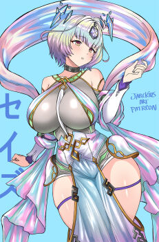 1girl ahoge artist_name bare_shoulders blue_background blush breasts commentary english_commentary fire_emblem fire_emblem_heroes floating floating_object highres jarckius jewelry large_breasts multicolored_hair multiple_girls nintendo open_mouth purple_hair sash seidr_(fire_emblem) short_hair simple_background solo thigh_strap thighs wide_hips yellow_eyes