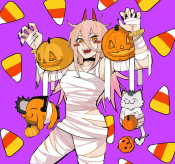 1girl bandaged_chest bandaged_torso bandaged_waist bandaged_wrist bandages black_nails chainsaw chainsaw_man claw_pose commentary cross-shaped_pupils demon_girl demon_horns english_commentary hair_between_eyes halloween_costume highres horns jack-o&#039;-lantern long_hair looking_at_viewer mummy_costume nail_polish open_mouth pochita_(chainsaw_man) power_(chainsaw_man) pumpkin red_horns sailen0 sharp_teeth symbol-shaped_pupils teeth yellow_eyes