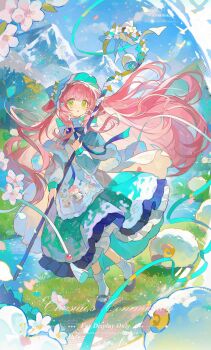 Rule 34 | 1girl, :o, absurdres, blue bow, blue bowtie, blue dress, blue hat, blue shoes, blush, bow, bowtie, day, dress, frilled dress, frills, full body, green eyes, hat, highres, holding, holding staff, long hair, long sleeves, mary janes, open mouth, original, outdoors, pink hair, shoes, socks, solo, staff, standing, watermark, white socks, yi kuai cha suyou