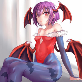 Rule 34 | 1girl, arms at sides, bare shoulders, blue gloves, blue pantyhose, blush, breasts, capcom, closed mouth, collarbone, curtains, darkstalkers, demon girl, demon wings, elbow gloves, excited, feet out of frame, female focus, fingerless gloves, fingernails, from side, fur-trimmed leotard, fur trim, gloves, head wings, highleg, highleg leotard, indoors, legs together, leotard, lilith (darkstalkers), looking at viewer, low wings, nail polish, off-shoulder leotard, off shoulder, orange eyes, pantyhose, petite, purple hair, red leotard, red nails, short hair, sitting, small breasts, smile, smug, solo, unholysoul, variant set, watermark, wide hips, wings