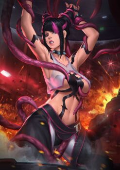 black_hair black_pants bracelet breasts clenched_teeth collar commentary commission crop_top english_commentary fire hair_horns han_juri highres jewelry large_breasts leggings panties_over_leggings pants pink_eyes pink_leggings restrained second-party_source shirt spiked_bracelet spiked_collar spikes street_fighter street_fighter_iv_(series) sunkeytail teeth tentacles white_leggings white_pants white_shirt