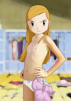 1girl angry armpits artist_name blonde_hair bow bow_panties changing_room clenched_hands collarbone digimon digimon_frontier eyelashes fingernails flat_chest green_eyes hands_on_own_hips hat highres indoors legs loli long_hair looking_at_viewer navel neck nipples no_bra official_underwear one-piece_swimsuit_removed orimoto_izumi panties scene_reference sidelocks signature standing swept_bangs swimsuit tears-of-blade thighs topless_female underwear underwear_only unworn_clothes unworn_hat unworn_headwear unworn_swimsuit v-shaped_eyebrows white_panties