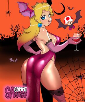1boy 1girl :q artist_name ass bare_back bare_shoulders bat_(animal) bat_wings blonde_hair blue_eyes breasts bug covered_erect_nipples cross cup detached_sleeves dress drinking_glass halloween highres large_breasts long_hair looking_back mario_(series) moon nintendo orange_sky princess_peach sasa_tseng sideboob silk sky spider spider_web thighhighs toad_(mario) tombstone tongue tongue_out tree wine_glass wings