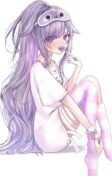1girl chest_jewel gem hand_jewel highres hololive hololive_english jewel_under_eye knees_up koseki_bijou koseki_bijou_(pebble_pajamas) long_hair mask mask_on_head miza8276 pacifier pink_thighhighs ponytail purple_eyes purple_gem purple_hair shirt simple_background single_thighhigh sleep_mask solo thighhighs very_long_hair virtual_youtuber white_background white_shirt