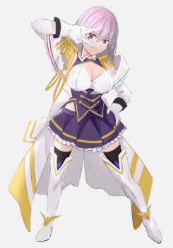 1girl a_(c3einycggcevevf) absurdres blue_eyes blush boots breasts cleavage commentary epaulettes frilled_skirt frills full_body gloves gridman_universe gridman_universe_(movie) highres large_breasts looking_at_viewer purple_hair purple_skirt red_eyes shinjou_akane shinjou_akane_(new_order) shirt short_hair simple_background skirt smile solo ssss.gridman thigh_boots thighhighs v white_background white_boots white_gloves