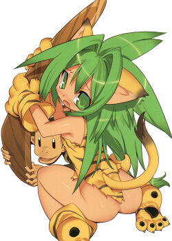 1girl animal_ears animal_hands animal_print ass blade_(galaxist) boomerang bottomless cat_ears cat_tail cham_cham fang gloves green_eyes green_hair hair_ornament highres loli long_hair looking_at_viewer looking_back monkey no_panties paku_paku paw_gloves paw_shoes queen's_blade queen's_gate samurai_spirits shoes simple_background snk sphere_hair_ornament tail tiger_print weapon white_background