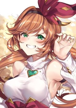 1girl alternate_costume bare_shoulders blush breasts clarisse_(granblue_fantasy) clarisse_(valentine)_(granblue_fantasy) detached_sleeves granblue_fantasy green_eyes jewelry ks_(xephyrks) long_hair looking_at_viewer open_mouth orange_hair ribbon ring smile solo teeth