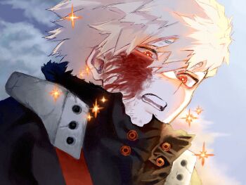 1boy bakugou_katsuki black_shirt blonde_hair blood blood_on_face boku_no_hero_academia collared_shirt commentary_request highres injury jinseibakuha looking_down male_focus open_mouth red_eyes shirt short_hair solo sparks spiked_hair superhero_costume teeth torn_clothes upper_body