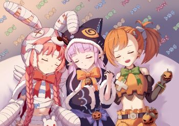 animal_ears arm_wrap bandaged_arm bandaged_hand bandaged_head bandaged_leg bandaged_neck bandages bandaid bandaid_on_arm bandaid_on_cheek bandaid_on_face bandaid_on_leg bare_shoulders basket belt black_cloak black_hat black_sleeves blush bow braid breasts budget_sarashi candy candy_cane candy_wrapper cast cat_ears checkerboard_cookie cloak closed_eyes closed_mouth cookie crop_top emoji fence food ghost ghost_costume hair_ornament hairband halloween halloween_bucket halloween_costume happy_halloween hat hood hood_down jacket kyoka_(princess_connect!) lollipop long_hair medium_breasts mimi_(princess_connect!) misogi_(princess_connect!) mummy mummy_costume naked_bandage navel no_shirt open_mouth orange_shorts pants pennant pleated_skirt pointy_ears princess_connect! puffy_sleeves pumpkin pumpkin_hat ribbon sarashi shirt shorts side_ponytail silk single_thighhigh skirt small_breasts smile spider_web stitches string_of_flags swirl_lollipop syringe thighhighs tomamo2018 tombstone trick_or_treat twin_braids twintails unworn_hat unworn_headwear vampire_costume very_long_hair white_bow witch_hat wrist_wrap