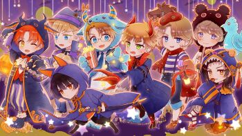 6+boys aihara_kaya america_(hetalia) axis_powers_hetalia black_hair blonde_hair blue_eyes blush chibi chibi_only china_(hetalia) cloak facial_hair fangs france_(hetalia) germany_(hetalia) glasses goatee_stubble green_eyes halloween_costume hat holding holding_sword holding_weapon hood hood_up horns jacket japan_(hetalia) katana male_focus medium_hair multiple_boys northern_italy_(hetalia) one_eye_closed open_mouth orange_eyes orange_hair purple_eyes russia_(hetalia) shirt short_hair sitting smile standing stubble sweatdrop sword thick_eyebrows united_kingdom_(hetalia) weapon yellow_eyes