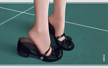 1girl artist_name black_bow black_shoes bow chinese_commentary commentary_request feet feet_only foot_focus footwear_focus green_background heel_pop high_heels highres mary_janes no_legwear no_socks original paid_reward_available qizhu shoes solo tiptoes
