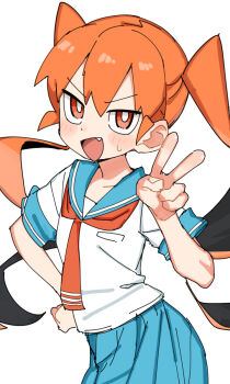 1girl black_hair blue_sailor_collar blue_skirt blush commentary fang gazacy_(dai) hair_between_eyes hand_on_own_hip highres long_hair looking_at_viewer multicolored_hair neckerchief open_mouth orange_eyes orange_hair pleated_skirt red_neckerchief sailor_collar school_uniform serafuku short_sleeves simple_background skirt solo twintails ueno-san_wa_bukiyou ueno_(ueno-san_wa_bukiyou) v white_background