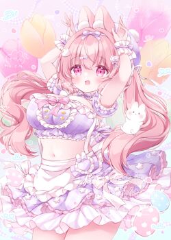 1girl animal_ear_fluff animal_ears apron arms_up blush chiika_(cure_cherish) choker commentary_request cowboy_shot crop_top dated detached_sleeves frilled_apron frilled_choker frilled_skirt frilled_sleeves frilled_wrist_cuffs frills hair_ornament hair_ribbon hairband heart heart_hair_ornament long_hair midriff navel open_mouth original pink_eyes pink_hair purple_hairband purple_skirt rabbit rabbit_ears rabbit_hair_ornament ribbon short_sleeves skirt smile solo standing tia_(chiika_cure_cherish) twintails waist_apron watermark white_apron wrist_cuffs