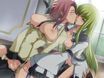 00s 1boy 2girls aquamu between_breasts bisexual_female bodysuit breasts c.c. censored code_geass cunnilingus ffm_threesome green_hair group_sex kiss kouzuki_kallen large_breasts lelouch_vi_britannia long_hair multiple_girls necktie nipples open_bodysuit open_clothes open_shirt oral penis red_hair reverse_cowgirl_position reverse_spitroast sex shirt short_hair sitting sitting_on_face sitting_on_person straddling sweat threesome tongue vaginal yamagarasu yellow_eyes