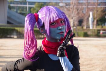 1girl black_leotard breasts cosplay gradient_hair green_eyes highleg highleg_leotard japanese_(nationality) kamen_rider leotard lips long_hair looking_at_viewer multicolored_hair outdoors pantyhose photo_(medium) purple_hair shiny_clothes shocker_(kamen_rider) smile solo ssssensu standing sunlight toujima_tanzaburou_wa_kamen_rider_ni_naritai twintails upper_body yukarisu yukarisu_(cosplay)