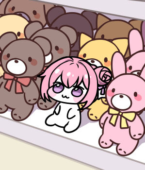 1girl :3 blush_stickers bow chibi closed_mouth doro_(nikke) goddess_of_victory:_nikke hair_between_eyes hair_bun hair_intakes highres moongzzi_s2 pink_hair purple_eyes red_bow ribbon single_hair_bun sitting solo stuffed_animal stuffed_rabbit stuffed_toy teddy_bear