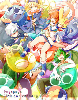 2boys 4girls anniversary arle_nadja blob blonde_hair blue_eyes blue_hair boots brown_hair carbuncle_(puyopuyo) copyright_name creature draco_centauros gloves green_eyes green_hair half_updo hat long_hair madou_monogatari multiple_boys multiple_girls nakatoe pants pointy_ears puyo_(puyopuyo) puyopuyo rulue_(puyopuyo) satan_(puyopuyo) schezo_wegey see-through_clothes short_hair skirt suketoudara_(puyopuyo) surprised sweat sword tongue weapon white_hair witch_(puyopuyo) yellow_eyes