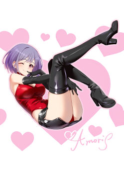 1girl ;) absurdres alternate_costume bang_dream! bang_dream!_it&#039;s_mygo!!!!! bare_shoulders black_boots black_gloves black_shorts boots breasts character_name cleavage_cutout closed_mouth clothing_cutout collar commentary cross-laced_slit dopamine70 elbow_gloves full_body gloves hand_to_own_mouth heart heart_background high_heel_boots high_heels highres invisible_chair large_breasts legs legs_up leotard leotard_under_clothes looking_at_viewer one_eye_closed pink_eyes purple_hair reclining red_collar red_leotard short_hair short_shorts shorts side_slit side_slit_shorts sitting smile solo symbol-only_commentary thigh_boots white_background yuutenji_nyamu