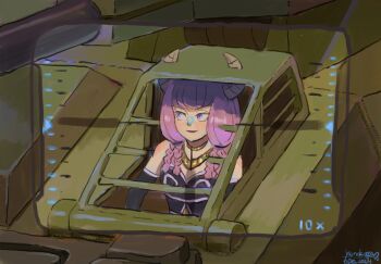 1girl anti-materiel_rifle aura_(sousou_no_frieren) aura_bullying_(meme) braid demon_girl demon_horns driving glitch gloves gun halo:_combat_evolved halo_(series) highres horns kanokoga long_hair looking_through_scope low-braided_long_hair low-tied_long_hair meme military_vehicle model_clipping motor_vehicle pov purple_eyes purple_hair quad_braids rifle scope scorpion_(halo) sniper_rifle sousou_no_frieren srs99 tank tank_turret weapon