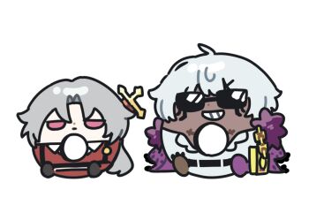 Rule 34 | 2boys, bear paw, belt, book, chain, coat, commentary, dark-skinned male, dark skin, donut, food, grey hair, jacket, kuaengku, limbus company, lucio (project moon), matthias (project moon), multiple boys, project moon, purple coat, red jacket, shirt, short hair, simple background, spoilers, sunglasses, sword, symbol-only commentary, weapon, white background, white hair, white shirt