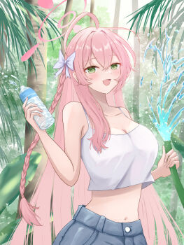 1girl :d a_ekoa absurdres ahoge alternate_costume bare_shoulders blue_archive blush bottle bow braid breasts casual cleavage collarbone commentary cowboy_shot crop_top day dual_wielding eyelashes forest green_eyes hair_bow hair_intakes halo hanako_(blue_archive) hands_up happy highres holding holding_bottle holding_hose hose huge_ahoge large_breasts long_hair looking_at_viewer midriff nature navel open_mouth outdoors palm_leaf palm_tree pink_hair pink_halo shirt single_braid sleeveless sleeveless_shirt smile solo spaghetti_strap straight_hair tree tsurime very_long_hair water water_bottle water_drop white_bow white_shirt