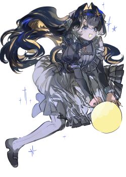 1girl absurdres apron black_dress black_hair black_shoes blonde_hair blue_eyes commentary dress flowerfell405 full_body hair_intakes highres long_hair long_sleeves multicolored_hair open_mouth pantyhose reverse:1999 shoes simple_background smile solo star_(symbol) symbol-only_commentary tareme two-tone_hair very_long_hair voyager_(reverse:1999) white_apron white_background white_pantyhose