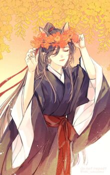 Rule 34 | 1boy, adjusting clothes, adjusting headwear, aki uzuzame, animal ears, bishounen, black hair, black hanfu, chinese clothes, closed eyes, closed mouth, commentary request, eyelashes, flower, fox boy, fox ears, hair ribbon, hands up, hanfu, head wreath, kemonomimi mode, leaf, light particles, long hair, long sleeves, male focus, modao zushi, orange flower, ponytail, red ribbon, red sash, ribbon, robe, sash, sidelocks, smile, solo, standing, twitter username, upper body, very long hair, watermark, wei wuxian, wide sleeves