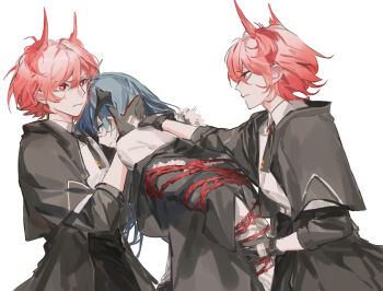 Rule 34 | 3girls, aqua eyes, arknights, bdsm, black horns, black jacket, black necktie, blue hair, bondage, bound, bound arms, commentary, dual persona, english commentary, feather hair, fiammetta (arknights), frown, g xio111, hand on another's head, hand on another's neck, highres, horns, jacket, looking at another, mostima (arknights), multiple girls, necktie, red eyes, red hair, restrained, shirt, short hair, short necktie, sideways glance, simple background, three-quarter sleeves, white background, white shirt, yuri