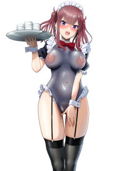 Rule 34 | 1girl, black thighhighs, blush, breasts, cevio, commentary request, covered erect nipples, covering crotch, covering privates, feet out of frame, female pubic hair, frown, garter straps, glass, grey leotard, holding, holding tray, leotard, looking at viewer, maid, maid headdress, medium breasts, mikan 29344886, natsuki karin, nipples, open mouth, pubic hair, purple eyes, red hair, see-through clothes, see-through leotard, simple background, solo, thighhighs, tray, twintails, unconventional maid, white background