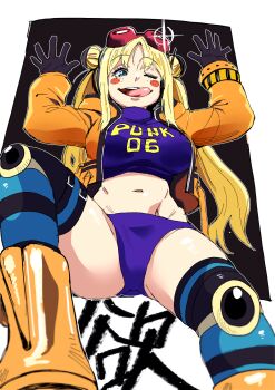 1girl absurdres ass belly bikini black_gloves blonde_hair boots breasts crop_top double_bun freckles full_body gloves goggles goggles_on_head green_eyes hair_bun headphones highres jacket large_breasts long_hair looking_at_viewer navel one_eye_closed one_piece onuma_kuma open_clothes open_jacket orange_boots orange_jacket purple_bikini purple_penis revealing_clothes sitting smile solo swimsuit thong tongue tongue_out vegapunk_york