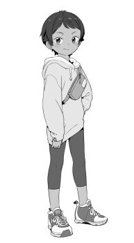 1girl bag child commentary_request dark-skinned_female dark_skin drawstring full_body greyscale highres hood hood_down hoodie looking_at_viewer monochrome original pants satsuyo shoes short_hair simple_background smile sneakers solo standing tomboy white_background yoga_pants