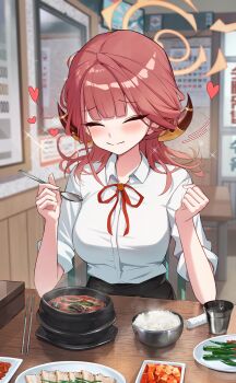 1girl absurdres aru_(blue_archive) black_skirt blue_archive blurry blurry_background blush bow bowtie breasts center-flap_bangs chair closed_eyes closed_mouth collared_shirt eating elbow_rest food halo happy heart highres holding holding_spoon horns indoors large_breasts long_sleeves medium_hair okkimon orange_halo red_bow red_bowtie red_hair restaurant shirt shirt_tucked_in sitting skirt sleeves_rolled_up smile solo spoon table white_shirt wooden_chair wooden_table