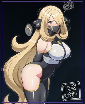 1girl annoyed arms_behind_back bdsm blonde_hair blush bondage bondage_outfit bound breasts clothing_cutout commentary_request cowboy_shot cynthia_(pokemon) detached_sleeves face_mask female_focus gradient_background grey_eyes hair_ornament hair_over_one_eye highres hip_vent inset_border large_breasts leaning_forward long_hair looking_at_viewer mask nintendo nkgw paid_reward_available pokemon pokemon_dppt simple_background solo standing sweat team_galactic thick_thighs thighs very_long_hair