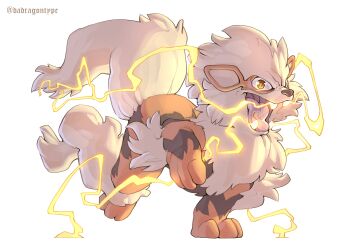 absurdres animal_focus arcanine brown_eyes dadragontype2 electricity fangs fangs_out full_body gen_1_pokemon highres nintendo no_humans open_mouth orange_fur pokemon pokemon_(creature) pokemon_focus simple_background solo tail tongue white_background