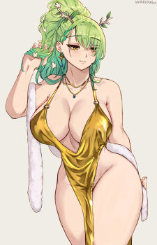 1girl absurdres alternate_costume alternate_hairstyle antlers artist_name bare_shoulders bow bowtie braid breasts ceres_fauna cleavage closed_mouth cocktail_dress collarbone cowboy_shot dress earrings gold_dress grey_background groin hand_in_own_hair hand_up highres hololive hololive_english horns jewelry large_breasts long_hair looking_to_the_side no_panties pelvic_curtain plunging_neckline ponytail shawl simple_background sleeveless sleeveless_dress smile solo vicarious virtual_youtuber wide_hips yellow_dress