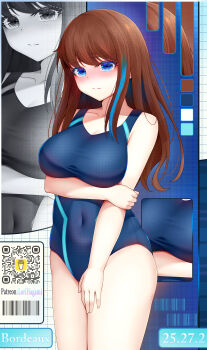 Rule 34 | 1girl, absurdres, arm under breasts, barcode, blue eyes, blue hair, blue one-piece swimsuit, blush, breasts, brown hair, changing room, collarbone, competition swimsuit, covered navel, cowboy shot, highres, large breasts, locker, locker room, long hair, looking at viewer, lori hagami, multicolored hair, multiple views, navel, nose blush, one-piece swimsuit, original, qr code, solo, standing, streaked hair, swimsuit, tank suit, zoom layer