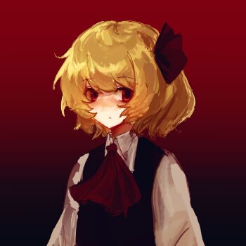 1girl ascot black_vest blonde_hair blush bow closed_mouth expressionless hair_bow hashtag-only_commentary highres long_sleeves looking_at_viewer red_ascot red_background red_bow red_eyes rumia shirt short_hair sixsec6ndzlater solo touhou upper_body vest white_shirt
